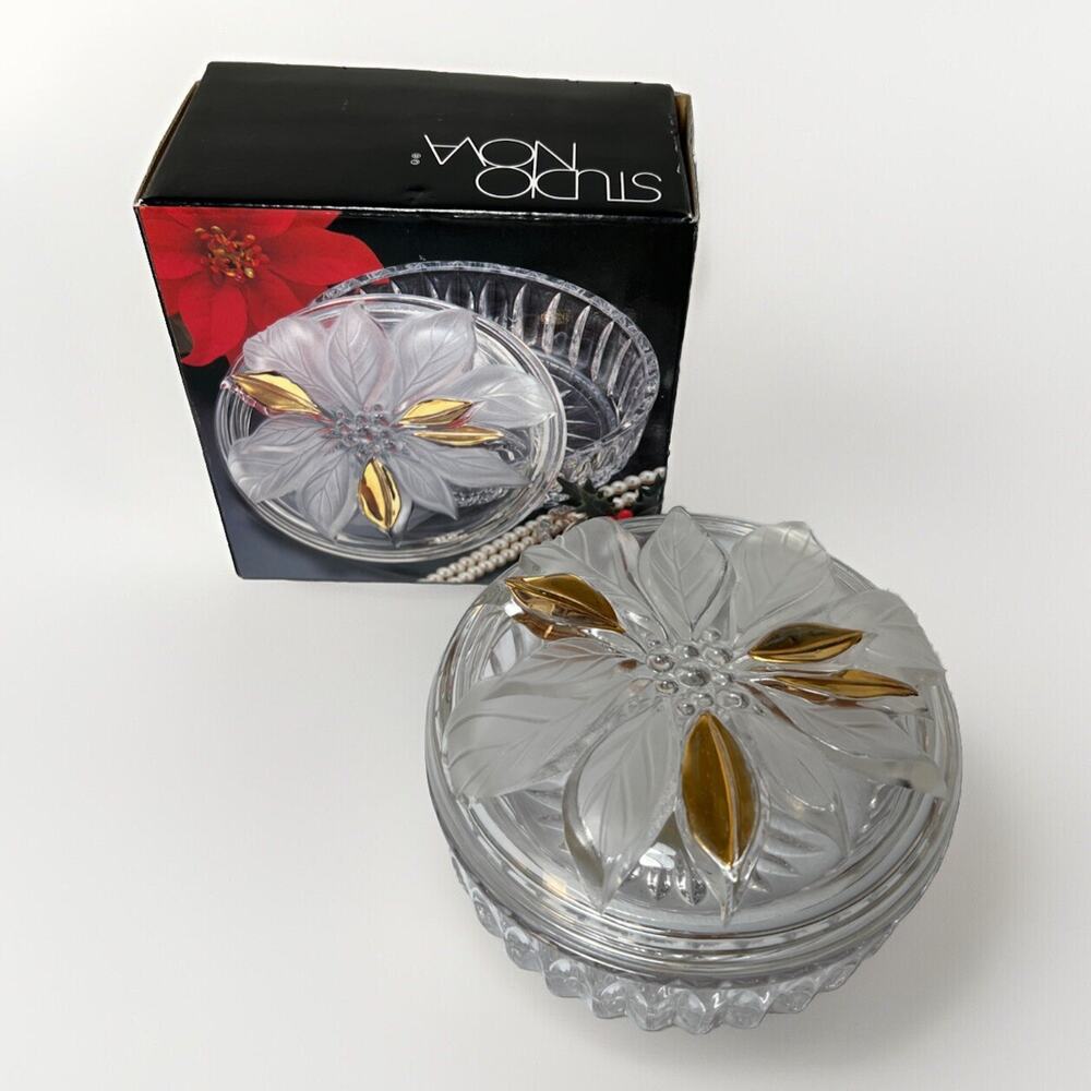 Vintage Studio Nova Japan Lidded Glass Candy Trinket Box Golden Poinsettia NIB